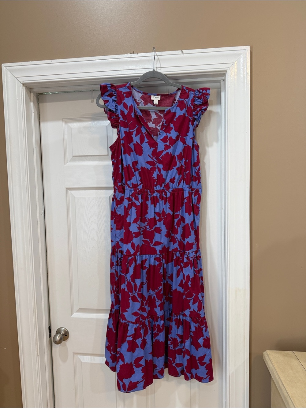 J Crew Factory Floral Ruffle Sleeve Midi Dress - Blue & Magenta. Sz 8. Euc.